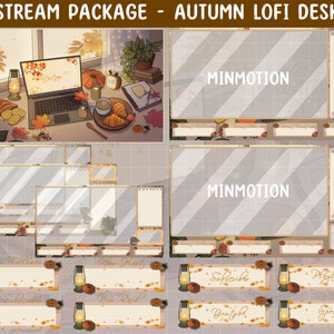 May include: A digital illustration of a streamer's desk setup with an autumn theme. The desk has a laptop, a cup of coffee, a plate of pastries, and a pumpkin. The background is a window with a view of fall foliage. The illustration includes text that says "MINMOTION" and "STREAM PACKAGE - AUTUMN LOFI DESK".