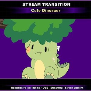May include: A cartoon illustration of a green dinosaur with a tree-like head, set against a purple background. The text "STREAM TRANSITION" and "Cute Dinosaur" are at the top. The dinosaur has a light yellow belly and a neutral expression.