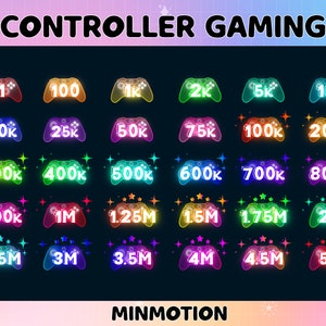 May include: A set of 18 neon-colored controller icons with numbers ranging from 1 to 5 million. The icons are arranged in a grid and have a glowing effect. The text "CONTROLLER GAMING" is at the top of the image and "MINMOTION" is at the bottom.