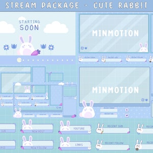 FULL ANIMATED Cute Rabbit Twitch Overlay Stream Package / Rabbit Screen Alert / Cute Overlay / Cloud, Rain / Flower/ Aesthetic Pink Purple