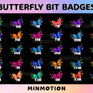 30x Butterfly  Bit Badges/ Complete Twitch Bit Badges Set / Twitch Tier Badges / Number Bit Badges / Gamer Graphics