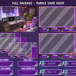 Pacchetto completo Twitch Stream animato per sala da gioco viola / Scene di sala PC da gioco estetica Lofi / Sovrapposizione di neve che cade / Gioco per giocatori Kawaii accogliente
