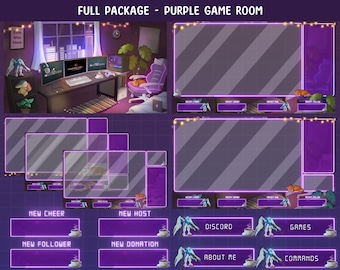 Animated Purple Gaming Room Twitch Stream Full Package / Lofi Aesthetic Gaming PC Room scenes / Snow Falling Overlay /Cozy Kawaii Gamer Play