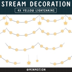 Puede incluir: Cuatro juegos de luces de cadena amarillas con una estrella al final de cada cadena. El texto "STREAM DECORATION 4X YELLOW LIGHTCHAINS" est&aacute; en la parte superior de la imagen. El texto "@MINMOTION" est&aacute; en la parte inferior de la imagen.
