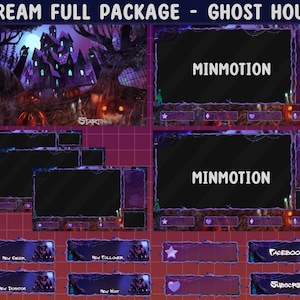 Może przedstawiać: Zestaw nakładek do strumieniowania Twitch w przerażającym stylu Halloween. Nakładki przedstawiają nawiedzony dom, dynie i wzór pajęczyny. Tekst "MINMOTION" pojawia się na dwóch nakładkach.