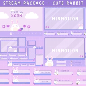 FULL ANIMATED Cute Bunny Twitch Overlay Stream Package / Rabbit Screen Alert / Cute Overlay / Cloud, Rain / Flower/ Aesthetic Pink Purple
