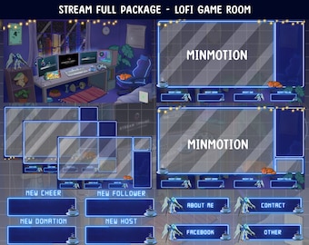 Animated Lofi Gaming Room Twitch Stream Paquete completo / Lofi Aesthetic Gaming PC Escenas de sala / Snow Falling Overlay / Cozy Kawaii Gamer Play