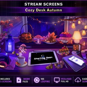 May include: A digital illustration of a cozy autumn desk setup featuring a tablet displaying the text Starting Soon, a steaming mug, headphones, a game controller, a smartphone showing 23:30, a lantern, mushrooms, and autumn foliage under string lights.
