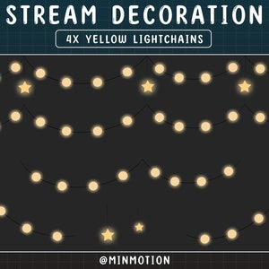 Puede incluir: Cuatro hileras de luces de hadas amarillas con bombillas en forma de estrella, sobre un fondo oscuro. El texto "STREAM DECORATION 4X YELLOW LIGHTCHAINS" est&aacute; en la parte superior de la imagen. El texto "@MINMOTION" est&aacute; en la parte inferior de la imagen.