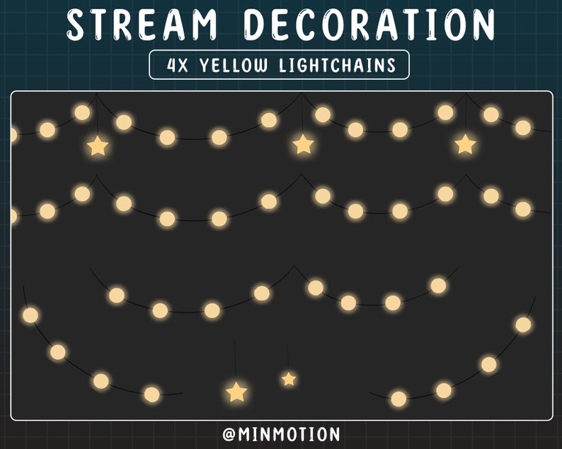 Puede incluir: Cuatro hileras de luces de hadas amarillas con bombillas en forma de estrella, sobre un fondo oscuro. El texto "STREAM DECORATION 4X YELLOW LIGHTCHAINS" est&aacute; en la parte superior de la imagen. El texto "@MINMOTION" est&aacute; en la parte inferior de la imagen.