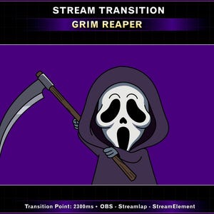 Op de afbeelding: Een digitale afbeelding met een cartoonfiguur van de Magere Hein in een paarse kapmantel, die een zeis met een grijs blad en een bruine steel vasthoudt. De tekst bovenaan is STREAM TRANSITION GRIM REAPER en onderaan Transition Point: 2300ms • OBS • Streamlap • StreamElement.