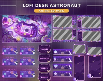 Puede incluir: Un conjunto de superposiciones animadas de Twitch con un tema espacial morado y azul. Las superposiciones incluyen una escena con una consola de juegos retro, una alerta de nuevo suscriptor, una alerta de nuevo seguidor, una alerta de nuevo raid, una alerta de nuevo anfitrión, una alerta de nueva donación, una alerta de nuevo cheer, una alerta de YouTube, una alerta de Instagram, una alerta de créditos y una alerta de Discord.