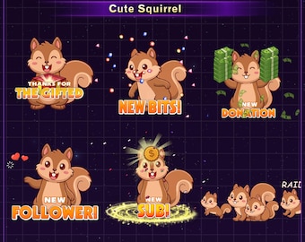 Pacote de Alerta de Esquilo Animado e Fofo para Twitch, Pacote de Alerta de Esquilo, Alerta Divertido de Inscritos e Seguidores para Streamers
