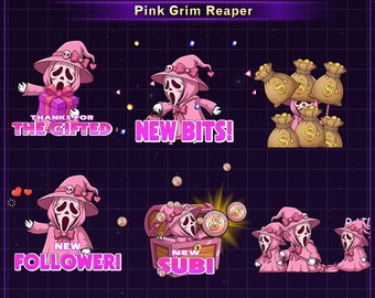 Animated Pink Grim Reaper Twitch Alert Pack, Cute Skull Reaper Alert Bundle, Funny Twitch Raid Sub Bits Follower Alert for Streamers