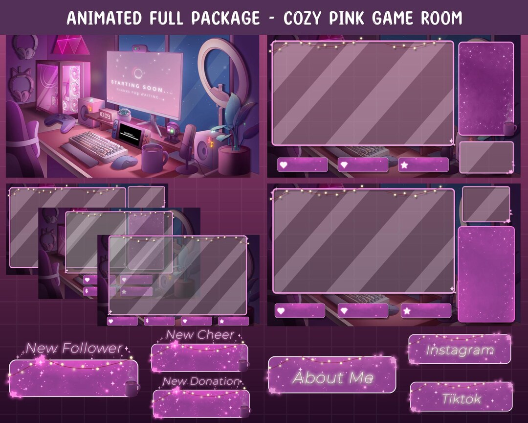 Animated Cozy Pink Game Room Twitch Full Package / Gamer Twitch Overlay ...
