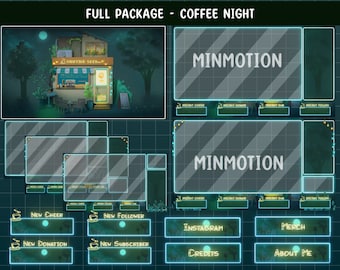 Paquete completo animado de Twitch de café nocturno / Cafetería acogedora / Café misterioso / Superposición estética de Lofi / Bosque / Gráfico para Streamer