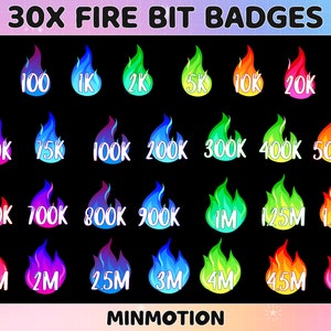 30x Fire Bit Badges/ Complete Twitch Bit Badges Set/ Twitch Tier Badges / Rainbow Fire / Number Bit Badges /Fireball Flair,Gamer Graphics /