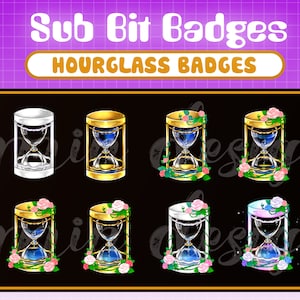 May include: Set of eight hourglass badges with different designs. The badges feature a gold hourglass with blue sand, surrounded by roses and vines. Some badges have a white or pink background, while others have a white or pink hourglass.