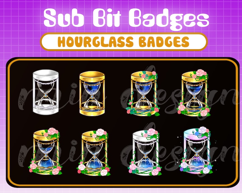 May include: Set of eight hourglass badges with different designs. The badges feature a gold hourglass with blue sand, surrounded by roses and vines. Some badges have a white or pink background, while others have a white or pink hourglass.