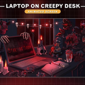 May include: A laptop displaying "STARTING SOON" is on a desk with a Halloween theme. The image features candles, skulls, and animated decorations, creating a dark and eerie atmosphere. The scene is lit with red and orange hues.
