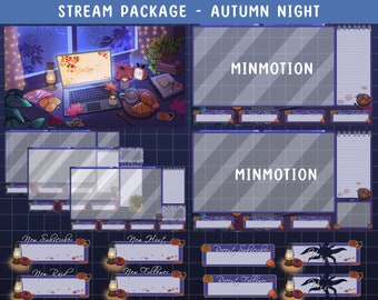 Geanimeerde herfstnacht Lofi-bureau Twitch Stream-pakket / herfstregen in het raam Retro / Halloween-sfeer in een gezellige kamer / Esdoornblad / Pompoen