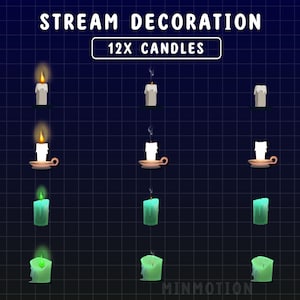 May include: Illustration of 12 candles in various states: lit, burning, and extinguished. The candles are white and green, with some in holders. Text at the top reads "STREAM DECORATION" and "12X CANDLES".
