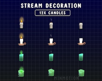 Op de afbeelding: Illustratie van 12 kaarsen in verschillende staten: aangestoken, brandend en gedoofd. De kaarsen zijn wit en groen, sommige in houders. Tekst luidt "STREAM DECORATION" en "12X CANDLES".