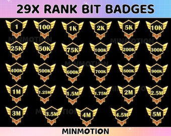 May include: A set of 29 gold and black hexagonal badges with wings, featuring different numbers of bits, from 1 to 5 million. The badges are arranged in a grid pattern on a black background. The text "29X RANK BIT BADGES" appears at the top of the image, and the text "MINMOTION" appears at the bottom.