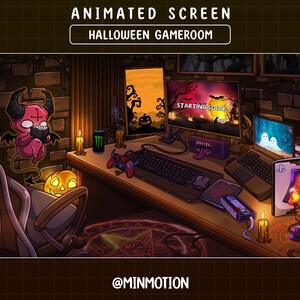Könnte beinhalten: Animierter Halloween-Gaming-Room-Bildschirm mit einem teuflischen Cartoon-Charakter, einem Kürbis und einer Totenkopflampe. Der Bildschirm zeigt "Starting Soon" mit einer gruseligen Halloween-Szene. Ein Gaming-Setup mit Tastatur, Controllern und Laptop ist sichtbar.