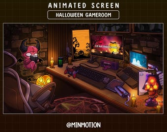 May include: Animated Halloween gameroom screen with a devilish cartoon character, jack-o'-lantern, and skull lamp. The screen displays "Starting Soon" with a spooky Halloween scene. A gaming setup with a keyboard, controllers, and laptop is visible.