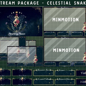 Animated Celestial Snake Twitch Stream Full Package / Luna Moth Butterfly / Starry Night Overlays / Green /Crystals ,Magical  /Alerts Panels