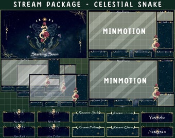 Puede incluir: Un conjunto de superposiciones de transmisión de Twitch con un tema de serpiente celestial. Las superposiciones presentan un fondo azul oscuro con acentos dorados y un patrón de constelación. Las superposiciones incluyen una pantalla de inicio pronto, una pantalla de reproducción ahora, una caja de chat, una pantalla de suscripción reciente, una pantalla de donante reciente, una pantalla de seguimiento reciente, una pantalla de vítores recientes, una pantalla de nuevo suscriptor, una pantalla de nuevo anfitrión, una pantalla de nuevo ataque, una pantalla de nuevo seguimiento, una pantalla de YouTube y una pantalla de Instagram.