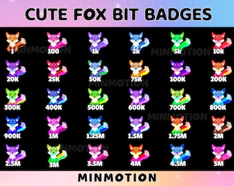 May include: A set of 20 colorful fox bit badges with different numbers on them, ranging from 1 to 5 million. The badges are designed with a cute fox cartoon character and are perfect for Twitch streamers or other online content creators.