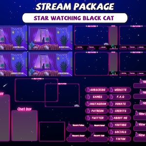 FULL ANIMATED Star Watching Black Cat Twitch Overlay Stream Package / Night Sky with Starlight / Ghost Pillow / Bed Room / Gray Cat Sleeping