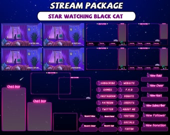 FULL ANIMATED Star Watching Black Cat Twitch Overlay Stream Package / Night Sky with Starlight / Ghost Pillow / Bed Room / Gray Cat Sleeping