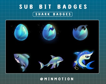 May include: A set of six digital badges featuring a shark in various stages of development. The badges are blue and green with a glowing effect. The text "SUB BIT BADGES" and "SHARK BADGES" is displayed at the top of the image. The text "@MINMOTION" is displayed at the bottom of the image.