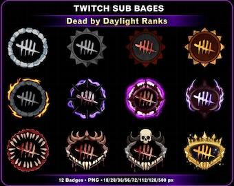 May include: Twelve Twitch sub badges with a central claw-like symbol. The badges are set within diverse frames, such as stone, fire, and decorative borders. The text "Dead by Daylight Ranks" is displayed above. The image is set against a black background.