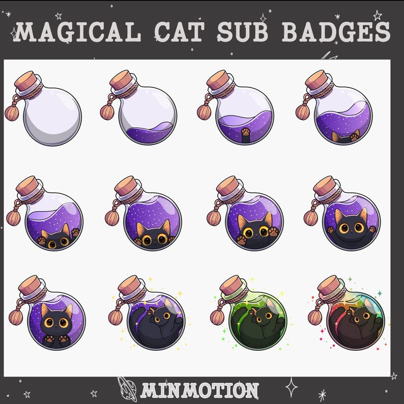 Magical Cat Twitch Sub Badges / Cute Potion Black Cat Cheer Badges / Cat Twitch / Cute Badges For Streamers / Meow Twitch image 2