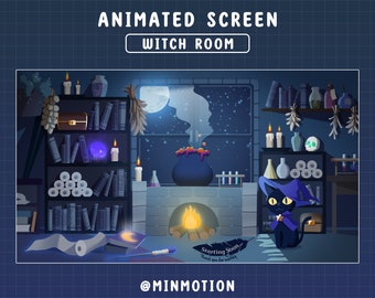 4x tela animada de fluxo de Witch Cat Twich / Moon Cat Luna Magic / Overlay / Magic Ball / Witch / Spooky / Ghost / BookShelf / Skull / Twitch