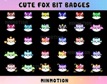 May include: A set of 36 colorful fox bit badges with various designs, including hearts, stars, crowns, and wings. The badges feature cute fox faces with different expressions and colors. The text "Cute Fox Bit Badges" and "Minmotion" are displayed at the top and bottom of the image.