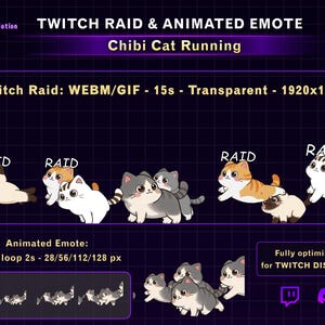 May include: Digital graphic featuring animated chibi cats in various poses, labeled "Twitch Raid & Animated Emote." The image includes text about file formats and sizes, optimized for Twitch and Discord.