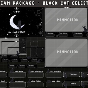フルアニメーションのブラックキャットTwitchストリームパッケージ/天体夜オーバーレイ/ストリーマーグラフィック/月/星/空/キティ/タロット/アラートパネル