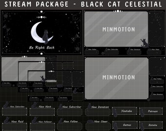 May include: Black cat celestial stream package overlay with a black cat sitting on a crescent moon, stars, and the text "Be Right Back". The overlay also includes a black cat sitting on a crescent moon, stars, and the text "MINMOTION".