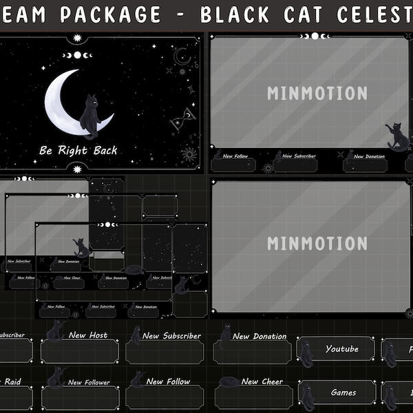 FULL ANIMATED Black Cat Twitch Stream Package/ Celestial Night Overlays / Streamer Graphics / Moon / Stars / Sky /Kitty / Tarot /Alert Panel