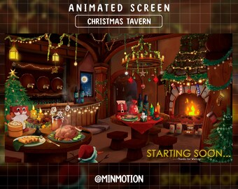Pode incluir: Uma cena festiva de uma taberna de Natal com uma lareira, uma árvore de Natal e uma mesa posta com um peru assado e outras comidas de Natal. O texto "STARTING SOON... Thanks for waiting" é exibido na parte inferior da imagem. O texto "@MINMOTION" é exibido na parte inferior esquerda da imagem.
