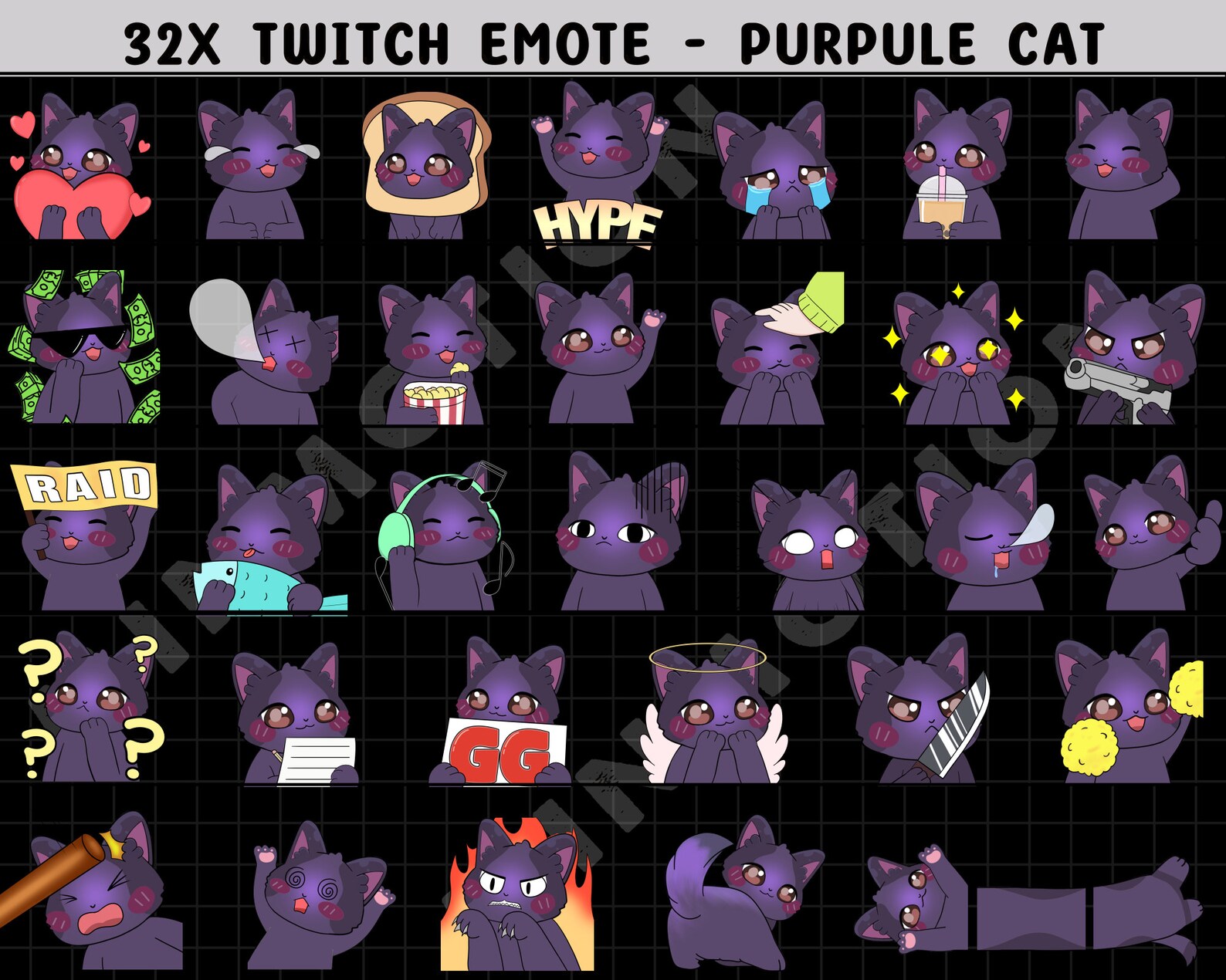 Twitch Emotes Purple Kitty Cat / Twitch Sub Emotes / Kawaii Chibi ...