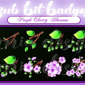 Puede incluir: Conjunto de seis insignias de sub-bit de flor de cerezo púrpura para Twitch u otras plataformas de streaming. Las insignias presentan diferentes etapas de la floración, desde ramas desnudas hasta flores en plena floración.