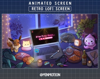 Écran animé rétro esthétique Lofi avec flux Twitch / Superposition de nuit pluvieuse / Gamer pour ordinateur portable / Scène de pièce d&#39;installation / Scènes mignonnes / Kawaii / Chambre confortable