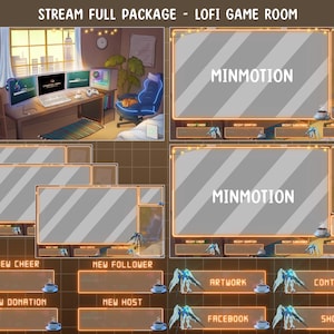 Animated Lofi Gaming Room Twitch Stream Full Package / Lofi Aesthetic Gaming PC Room scenes / Sunset City Overlay / Cozy Kawaii Gamer Play
