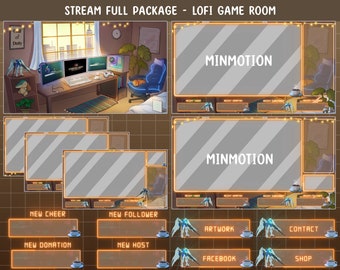 Animated Lofi Gaming Room Twitch Stream Paquete completo / Lofi Aesthetic Gaming PC Escenas de sala / Sunset City Overlay / Cozy Kawaii Gamer Play